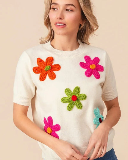 BiBi Crochet Flower Patch Sweater Top - Sleekdenim.com