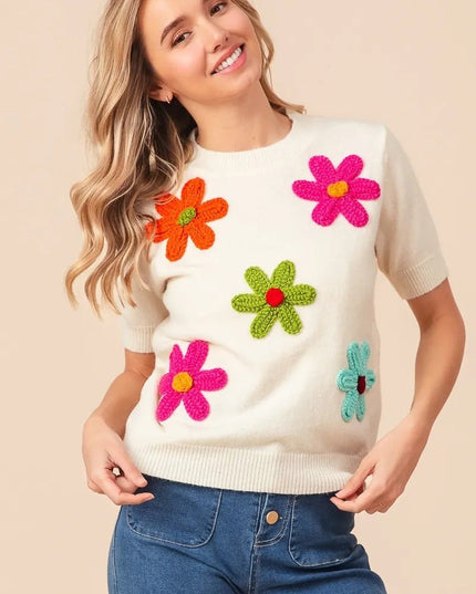 BiBi Crochet Flower Patch Sweater Top - Sleekdenim.com