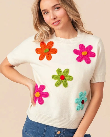 BiBi Crochet Flower Patch Sweater Top - Sleekdenim.com