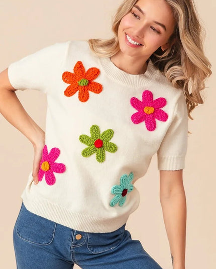BiBi Crochet Flower Patch Sweater Top - Sleekdenim.com