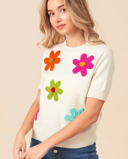 BiBi Crochet Flower Patch Sweater Top - Sleekdenim.com