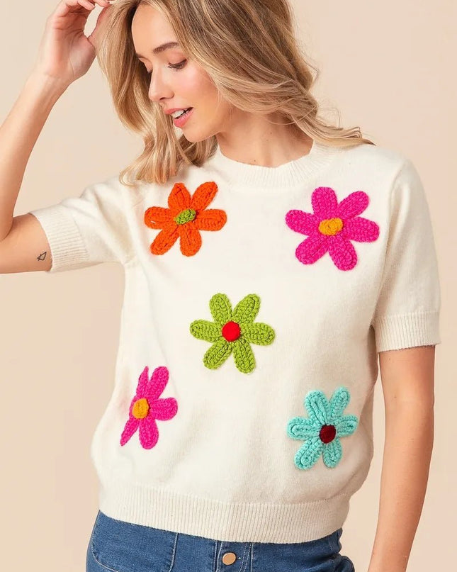 BiBi Crochet Flower Patch Sweater Top - Sleekdenim.com