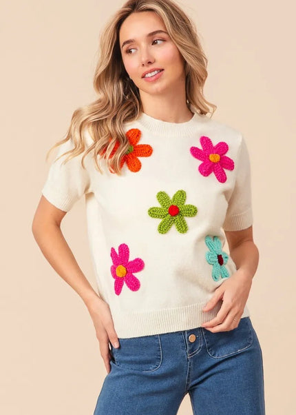 BiBi Crochet Flower Patch Sweater Top - Sleekdenim.com