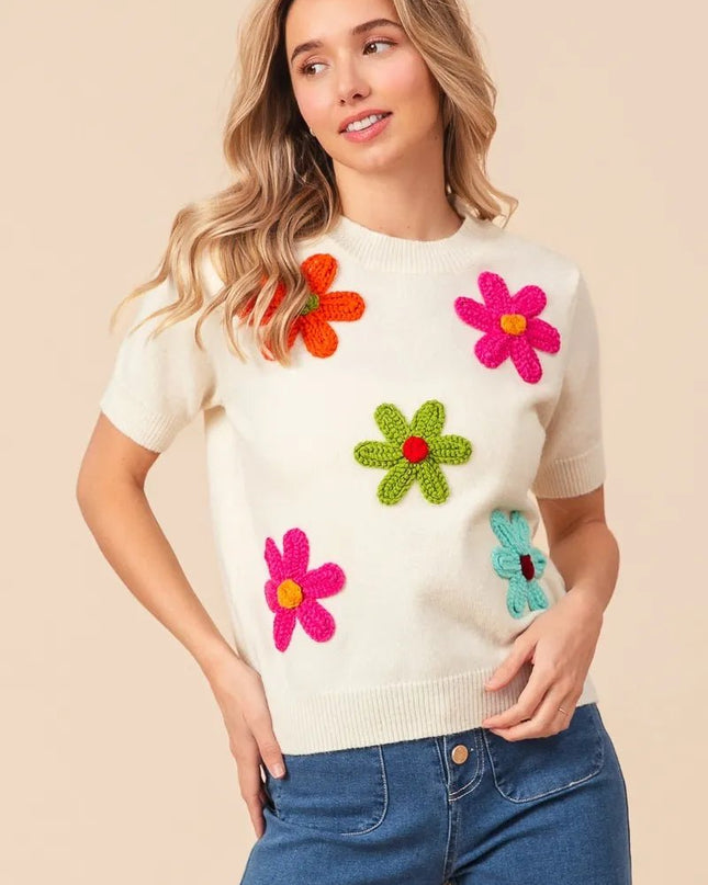 BiBi Crochet Flower Patch Sweater Top - Sleekdenim.com