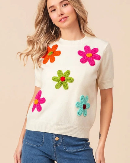 BiBi Crochet Flower Patch Sweater Top - Sleekdenim.com