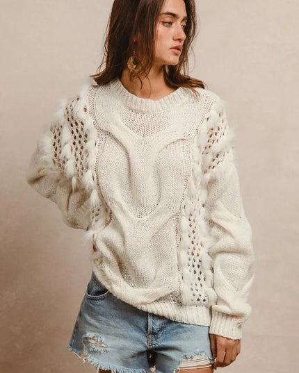 BiBi Faux Fur Detailed Pointelle Cable Knit Sweater - Sleekdenim.com