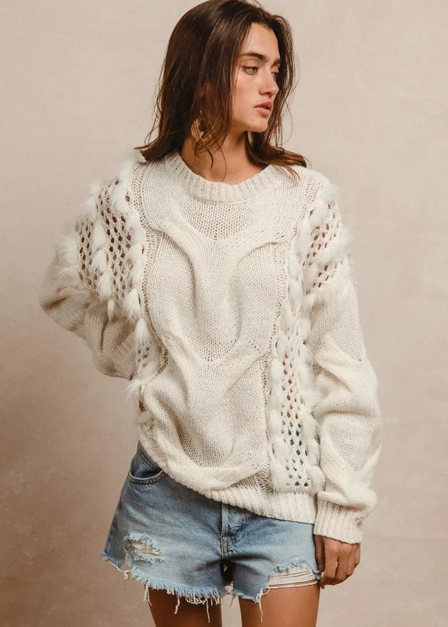 BiBi Faux Fur Detailed Pointelle Cable Knit Sweater - Sleekdenim.com