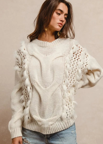 BiBi Faux Fur Detailed Pointelle Cable Knit Sweater - Sleekdenim.com