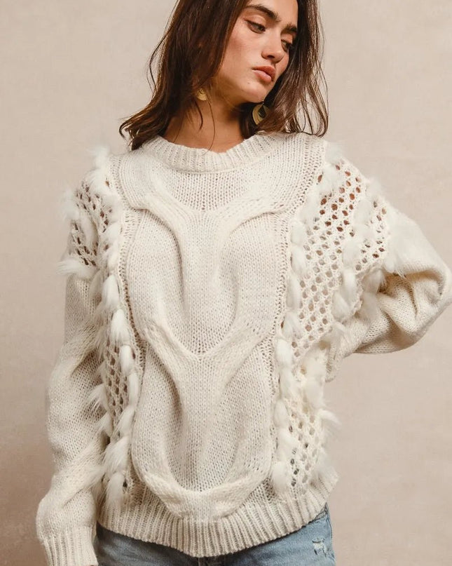 BiBi Faux Fur Detailed Pointelle Cable Knit Sweater - Sleekdenim.com