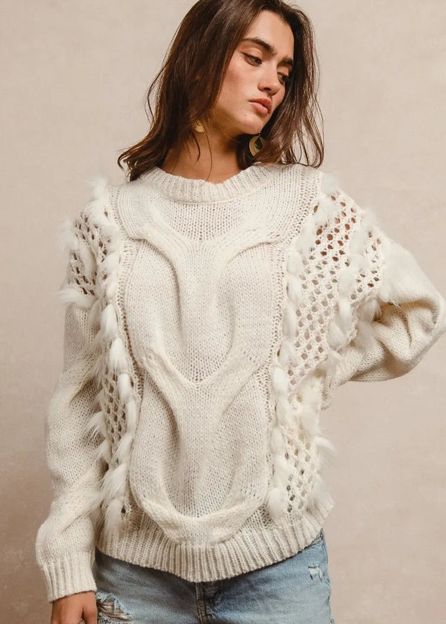 BiBi Faux Fur Detailed Pointelle Cable Knit Sweater - Sleekdenim.com