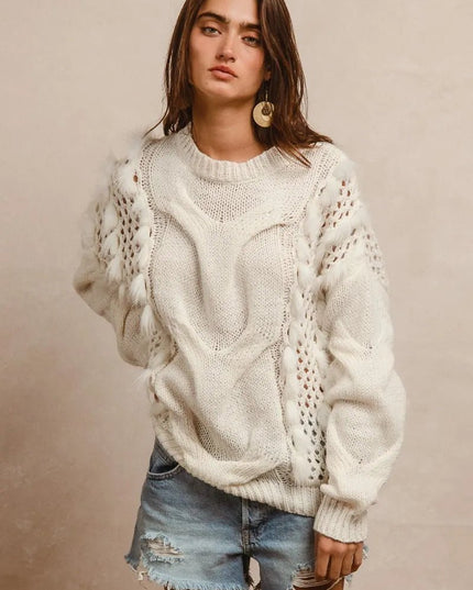 BiBi Faux Fur Detailed Pointelle Cable Knit Sweater - Sleekdenim.com