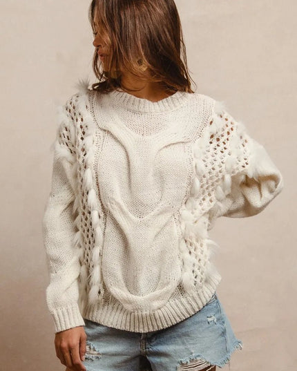 BiBi Faux Fur Detailed Pointelle Cable Knit Sweater - Sleekdenim.com