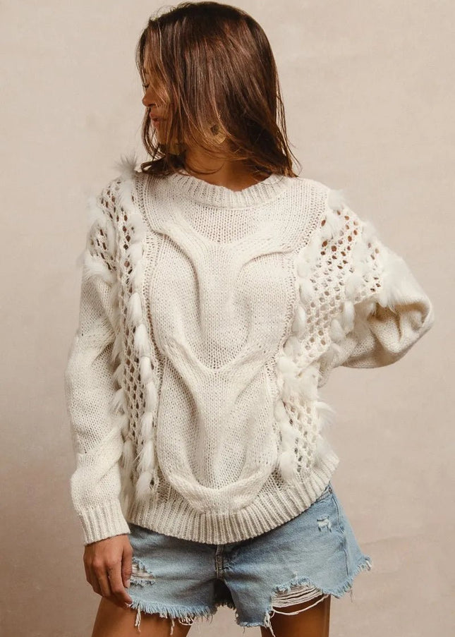 BiBi Faux Fur Detailed Pointelle Cable Knit Sweater - Sleekdenim.com