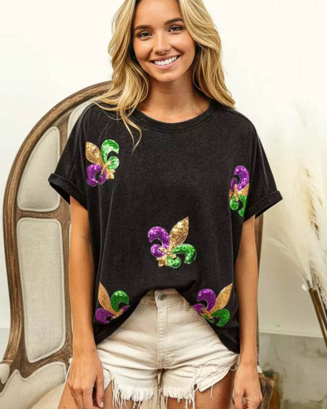 BiBi Fleur De Lis Sequin Patches Mardi Gras Sleeve Top - Sleekdenim.com