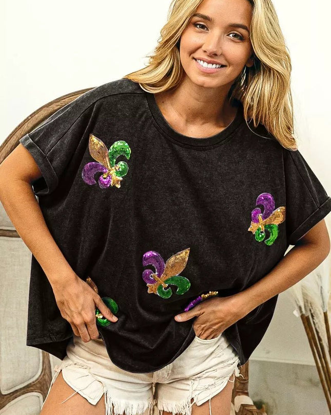 BiBi Fleur De Lis Sequin Patches Mardi Gras Sleeve Top - Sleekdenim.com