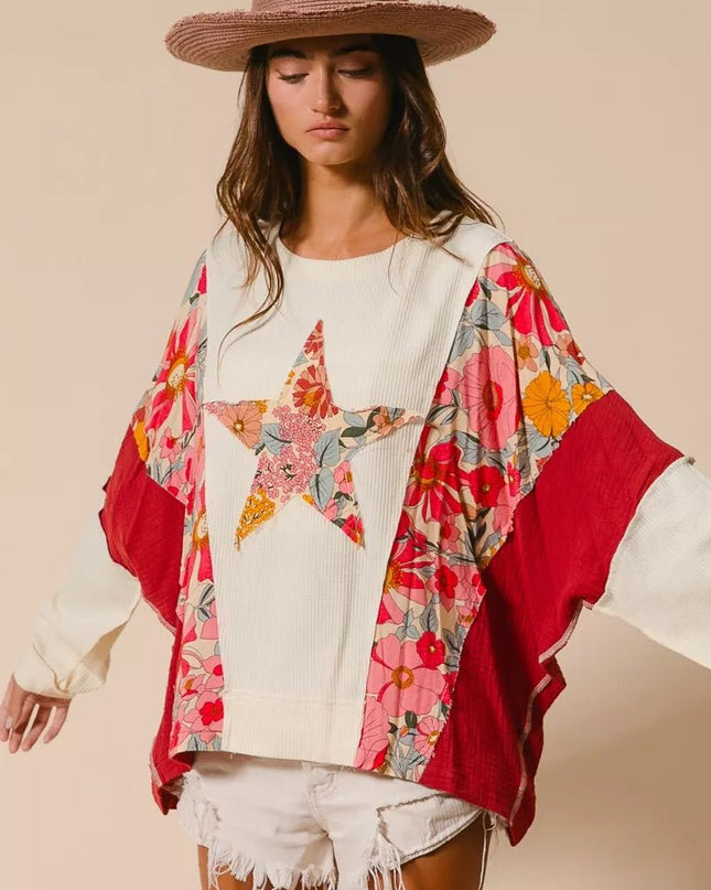 BiBi Floral Print Mixed Star Patch Round Neck Sweatshirt - Sleekdenim.com