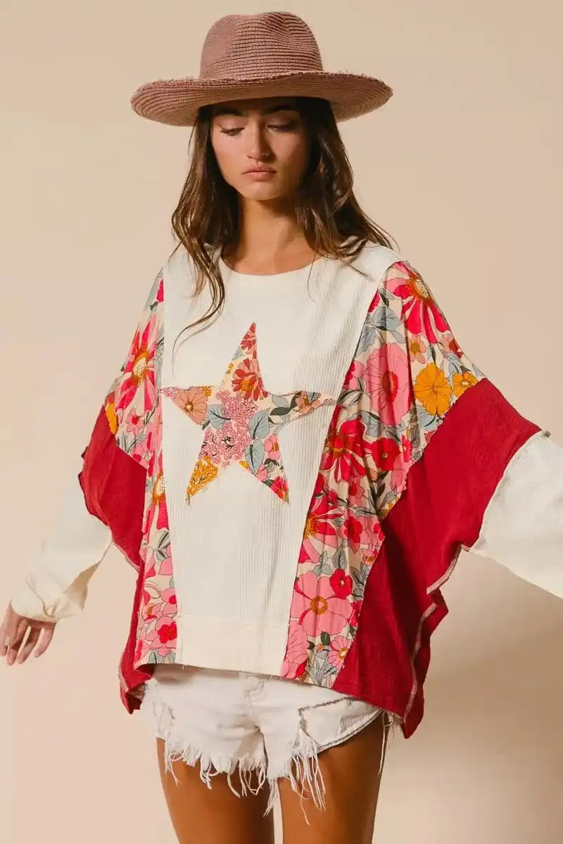 BiBi Floral Print Mixed Star Patch Round Neck Sweatshirt - Sleekdenim.com