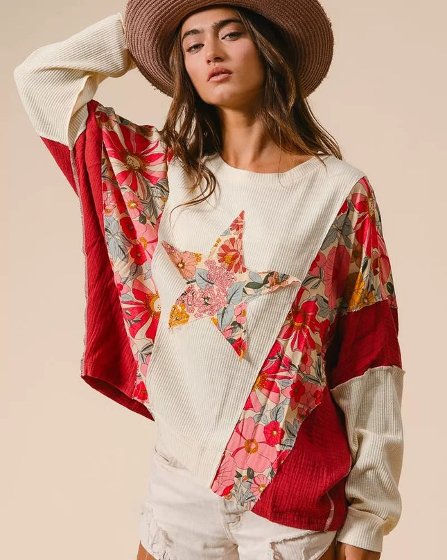 BiBi Floral Print Mixed Star Patch Round Neck Sweatshirt - Sleekdenim.com