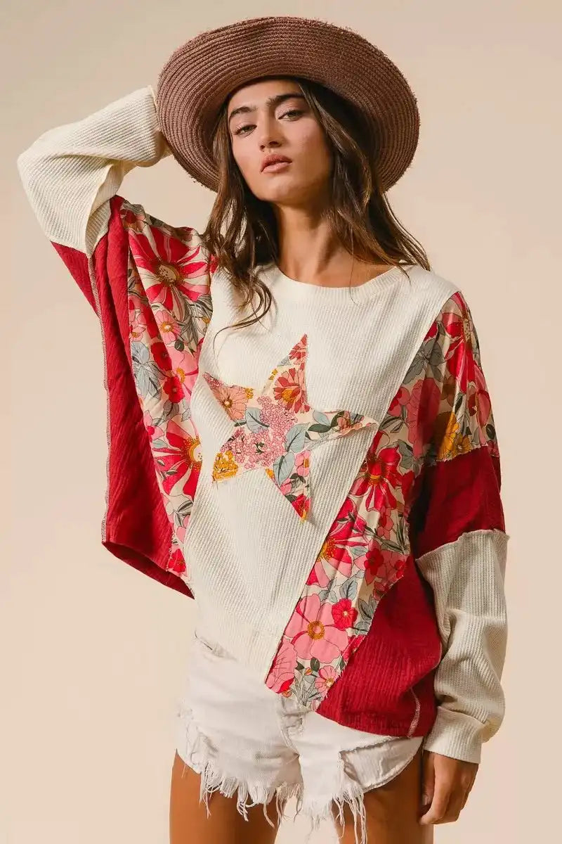 BiBi Floral Print Mixed Star Patch Round Neck Sweatshirt - Sleekdenim.com