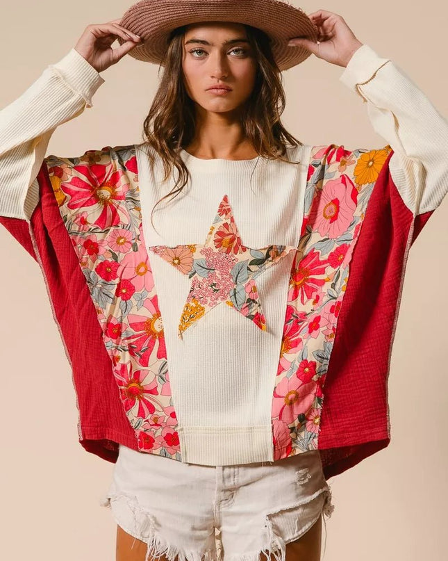 BiBi Floral Print Mixed Star Patch Round Neck Sweatshirt - Sleekdenim.com