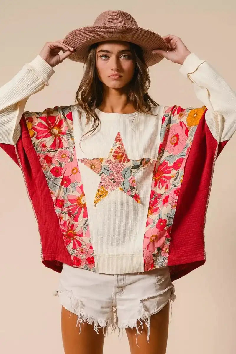 BiBi Floral Print Mixed Star Patch Round Neck Sweatshirt - Sleekdenim.com