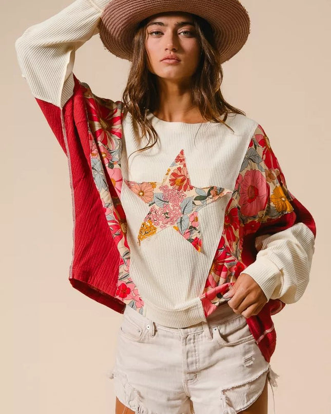 BiBi Floral Print Mixed Star Patch Round Neck Sweatshirt - Sleekdenim.com