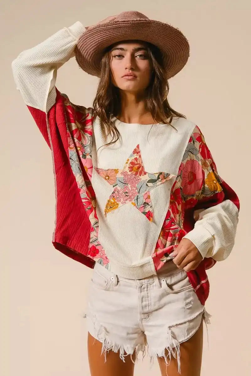 BiBi Floral Print Mixed Star Patch Round Neck Sweatshirt - Sleekdenim.com