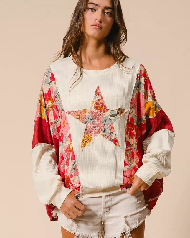BiBi Floral Print Mixed Star Patch Round Neck Sweatshirt - Sleekdenim.com