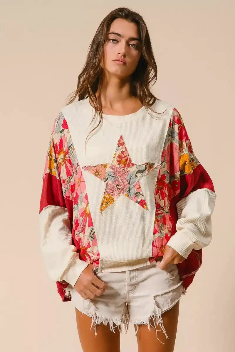BiBi Floral Print Mixed Star Patch Round Neck Sweatshirt - Sleekdenim.com