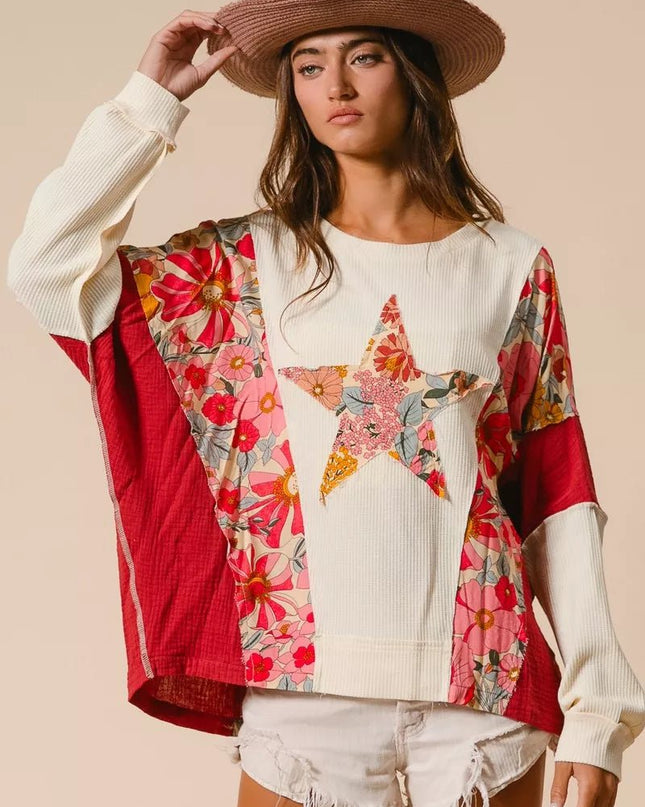 BiBi Floral Print Mixed Star Patch Round Neck Sweatshirt - Sleekdenim.com