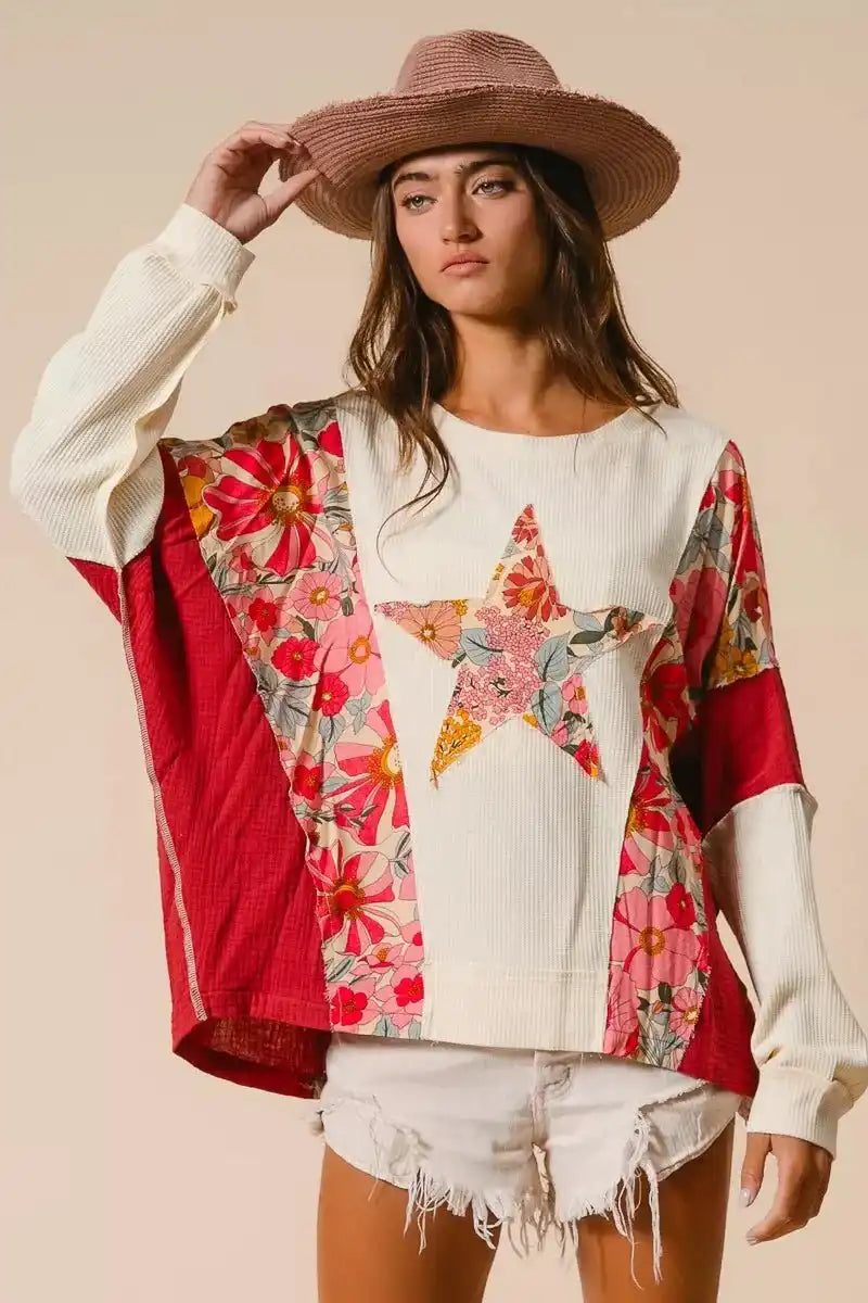 BiBi Floral Print Mixed Star Patch Round Neck Sweatshirt - Sleekdenim.com