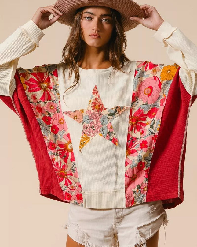 BiBi Floral Print Mixed Star Patch Round Neck Sweatshirt - Sleekdenim.com