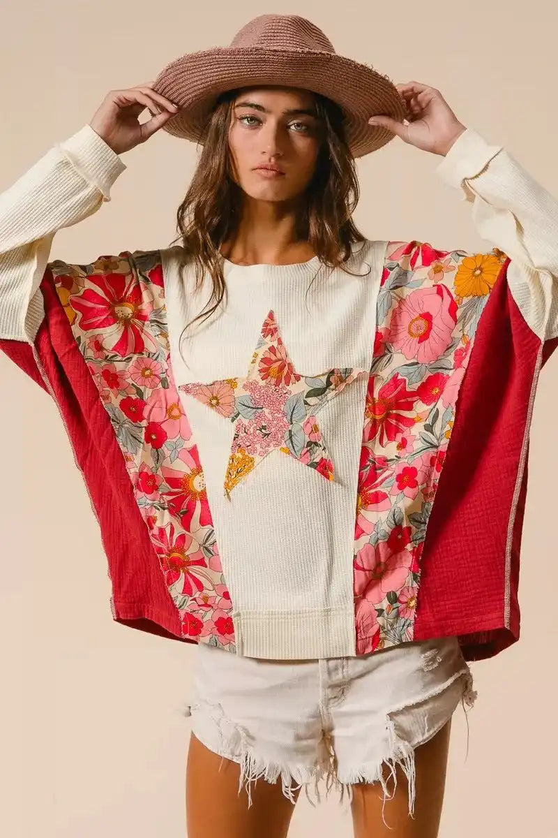 BiBi Floral Print Mixed Star Patch Round Neck Sweatshirt - Sleekdenim.com