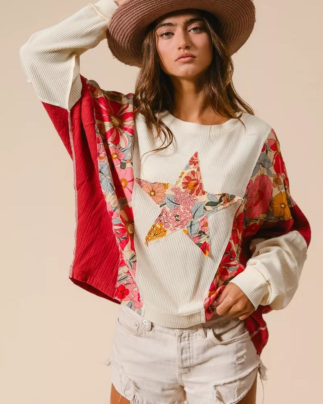 BiBi Floral Print Mixed Star Patch Round Neck Sweatshirt - Sleekdenim.com