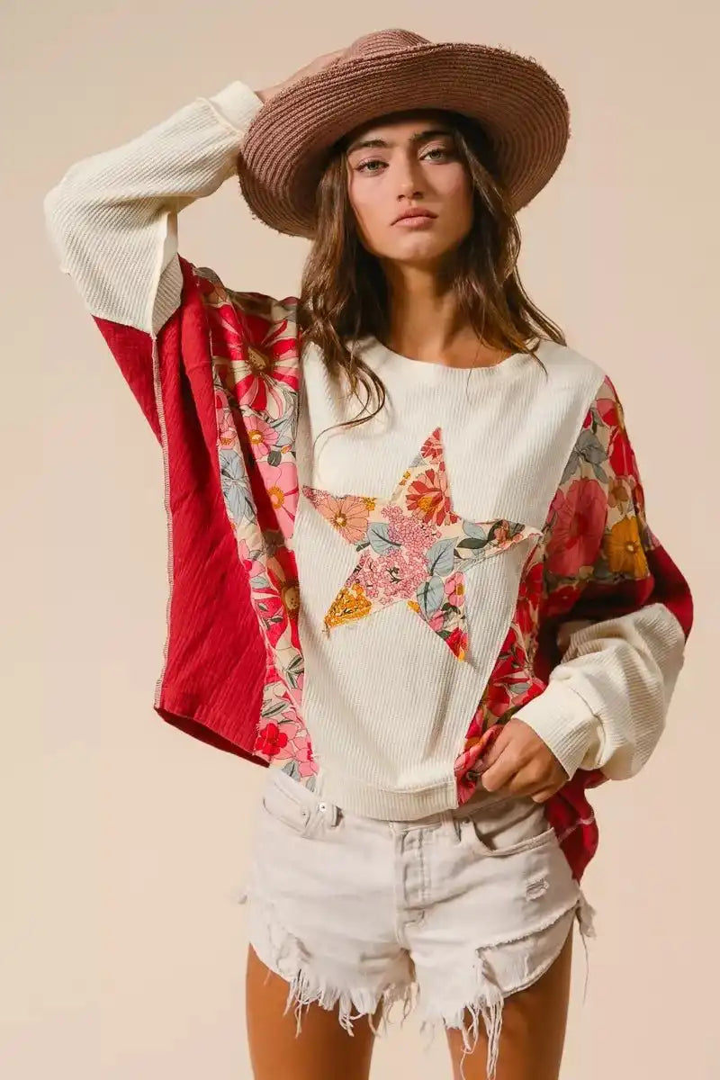 BiBi Floral Print Mixed Star Patch Round Neck Sweatshirt - Sleekdenim.com