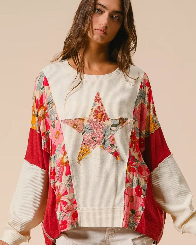 BiBi Floral Print Mixed Star Patch Round Neck Sweatshirt - Sleekdenim.com