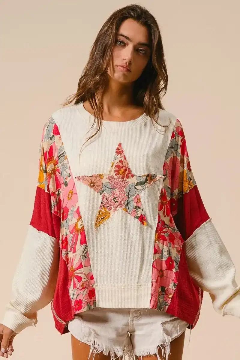 BiBi Floral Print Mixed Star Patch Round Neck Sweatshirt - Sleekdenim.com