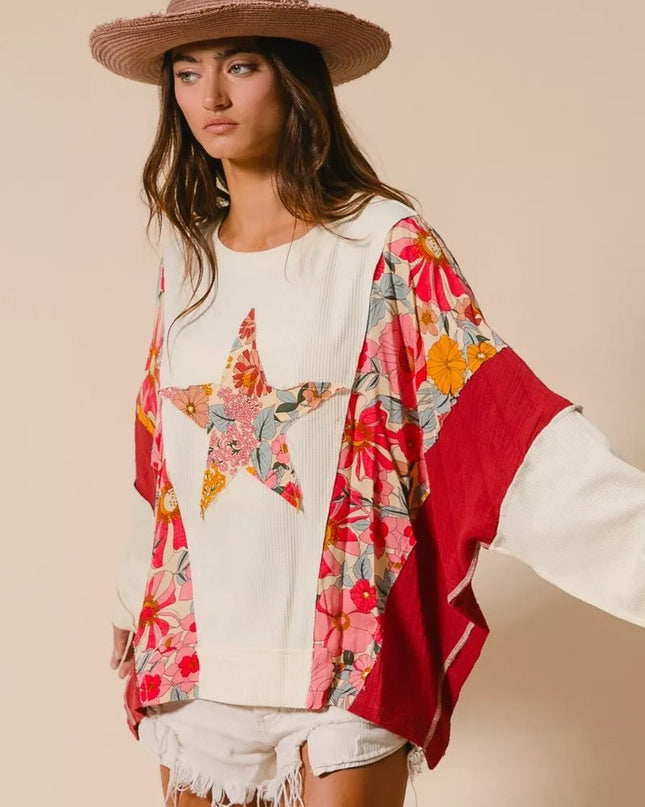 BiBi Floral Print Mixed Star Patch Round Neck Sweatshirt - Sleekdenim.com