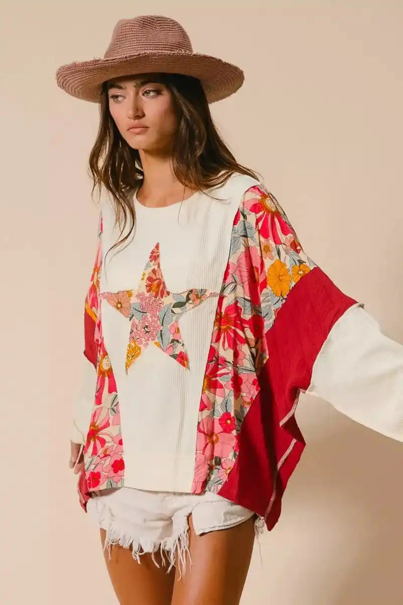 BiBi Floral Print Mixed Star Patch Round Neck Sweatshirt - Sleekdenim.com
