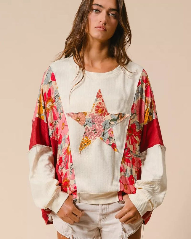BiBi Floral Print Mixed Star Patch Round Neck Sweatshirt - Sleekdenim.com