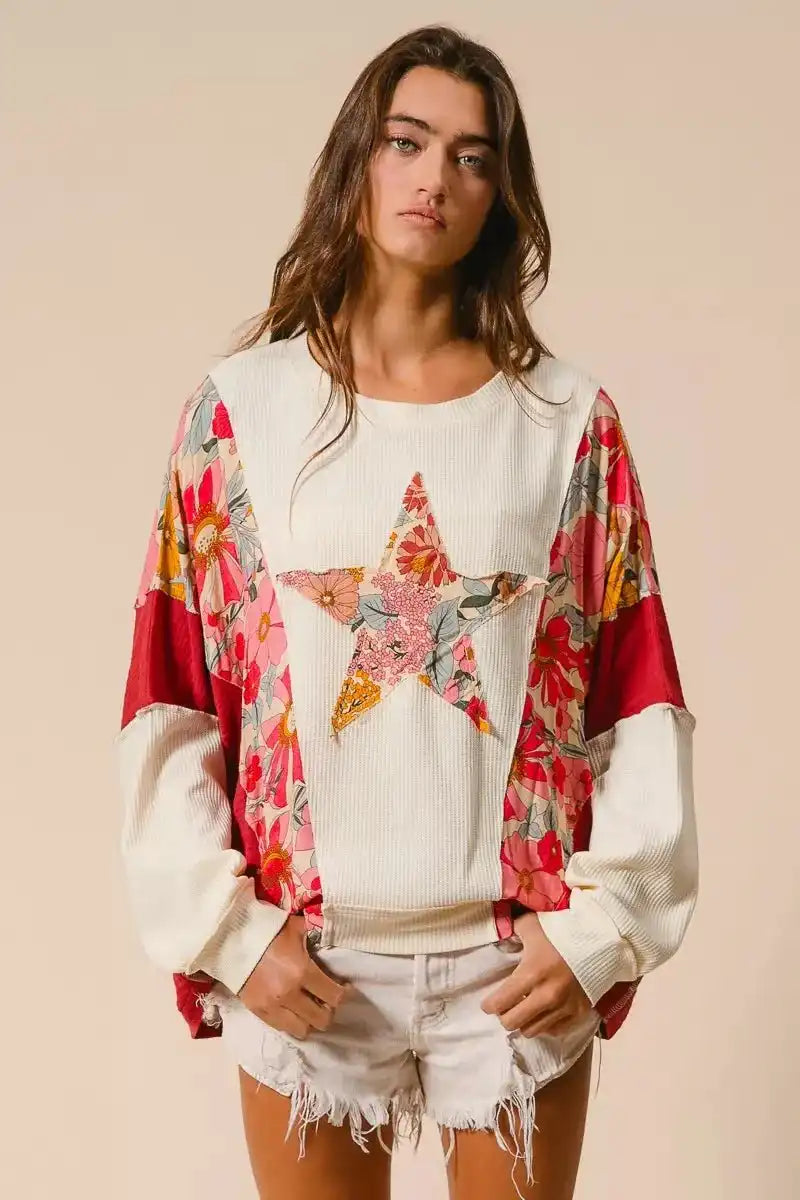 BiBi Floral Print Mixed Star Patch Round Neck Sweatshirt - Sleekdenim.com