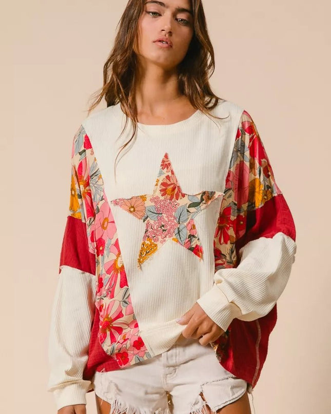 BiBi Floral Print Mixed Star Patch Round Neck Sweatshirt - Sleekdenim.com