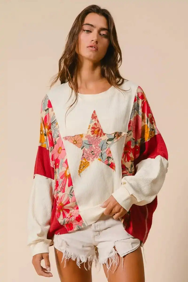 BiBi Floral Print Mixed Star Patch Round Neck Sweatshirt - Sleekdenim.com