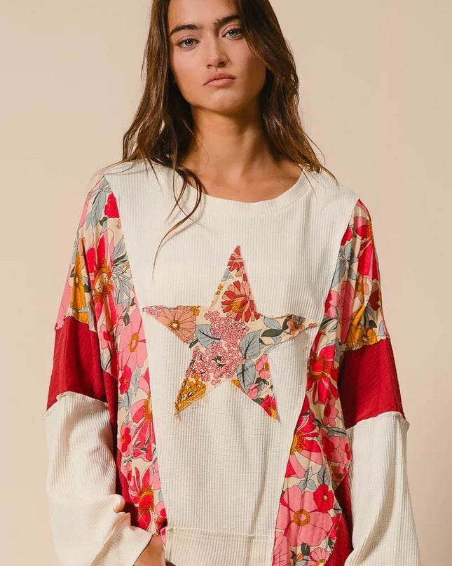 BiBi Floral Print Mixed Star Patch Round Neck Sweatshirt - Sleekdenim.com
