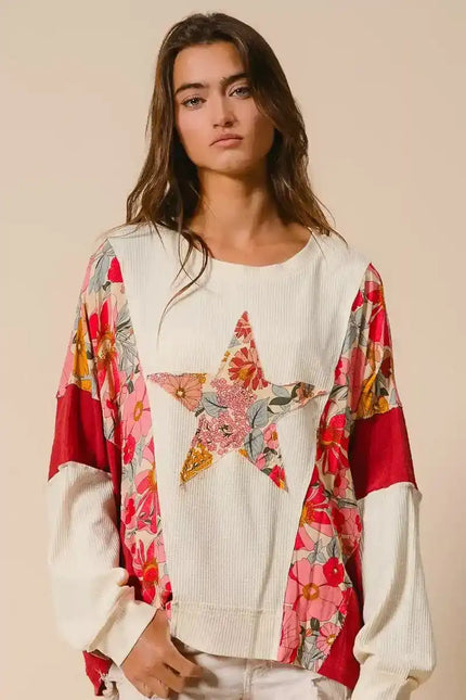 BiBi Floral Print Mixed Star Patch Round Neck Sweatshirt - Sleekdenim.com