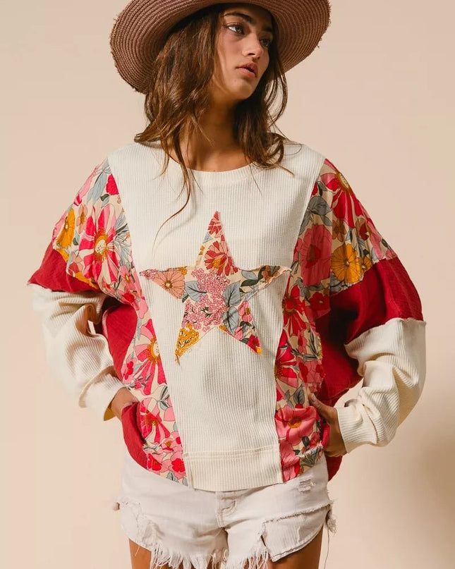 BiBi Floral Print Mixed Star Patch Round Neck Sweatshirt - Sleekdenim.com