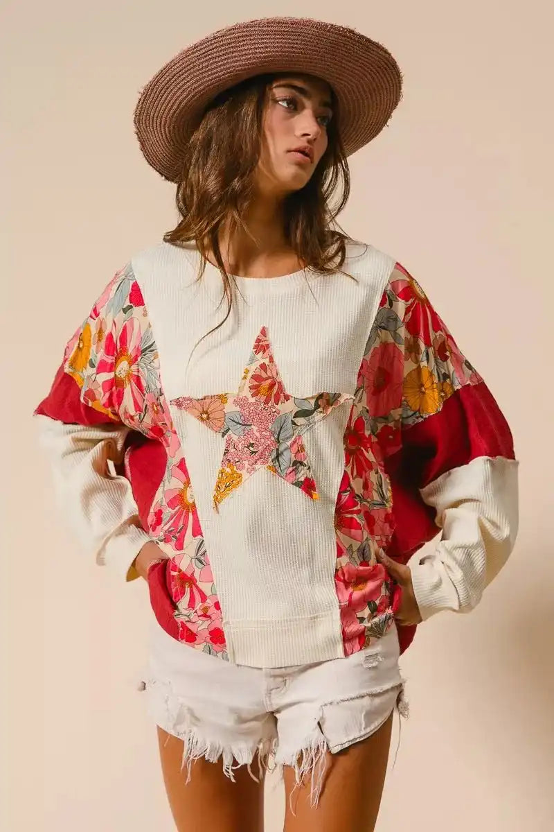 BiBi Floral Print Mixed Star Patch Round Neck Sweatshirt - Sleekdenim.com