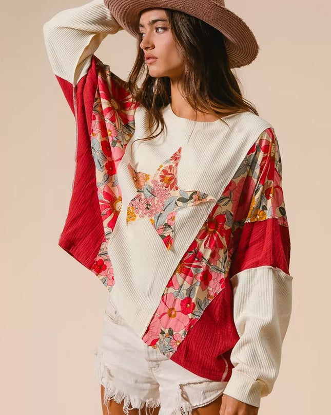 BiBi Floral Print Mixed Star Patch Round Neck Sweatshirt - Sleekdenim.com