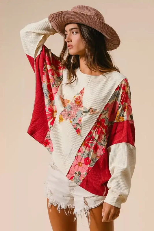 BiBi Floral Print Mixed Star Patch Round Neck Sweatshirt - Sleekdenim.com