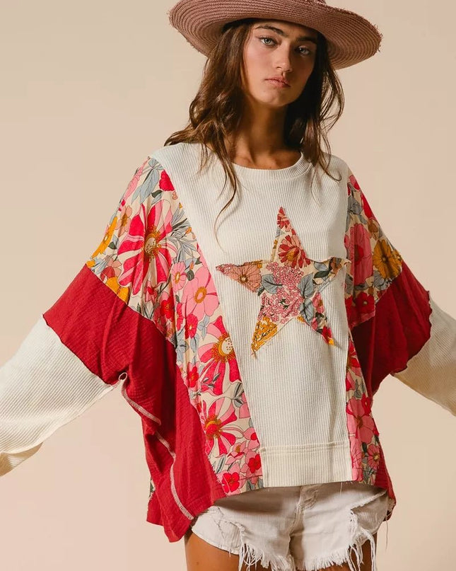 BiBi Floral Print Mixed Star Patch Round Neck Sweatshirt - Sleekdenim.com